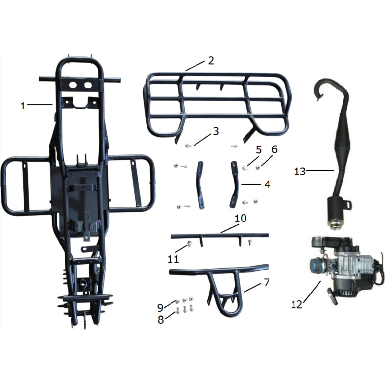 Pièces détachées - POCKET QUAD MINI BAZOU 50cc 2024 - CHASSIS MOTEUR